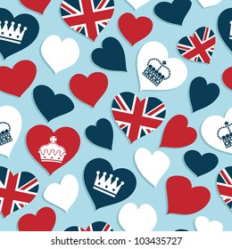seamless pattern of red, white and blue union jack and crown hearts, with clipping path svg