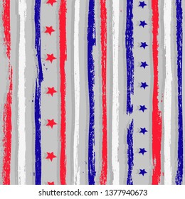 Seamless pattern with red, white and blue grunge stripes and stars on a gray background. Vector image. Eps 8