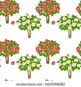 Seamless pattern of red and white camellia trees