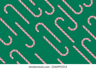 Seamless pattern of red and white candy canes on a green background, creating a festive holiday vibe.