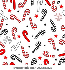 seamless pattern with red and white Christmas candy canes and small stars on a white background