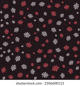 Seamless pattern of red and white floral designs on a black background.