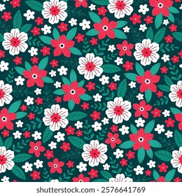 Seamless pattern with red and white flower blossom garden on dark green background. Cute hand drawn floral pattern for your fabric, summer background, wallpaper, textile.