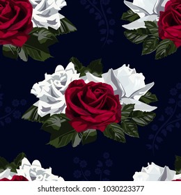 Seamless pattern of red and white flowers roses and leaves.