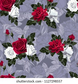 Seamless pattern of red and white flowers roses and leaves.