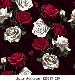 Seamless pattern of red and white flowers roses and leaves.