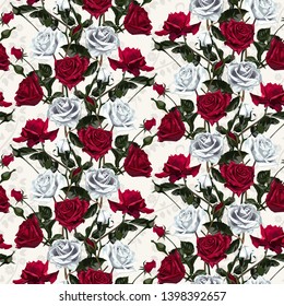 Seamless pattern of red and white flowers roses and leaves.