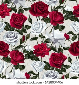 Seamless pattern of red and white flowers roses and leaves.