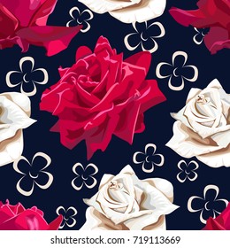 Seamless pattern of red and white flowers roses on a dark blue background.