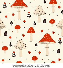 Seamless pattern with red and white fly agarics. Vector graphics.