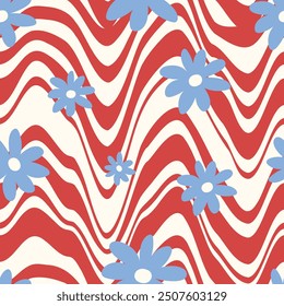 Seamless pattern of red, white groovy wave with blue flower. Swirl seamless pattern design. Pattern design for fabric and wrapping paper, wallpaper and fashion prints.