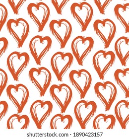 Seamless pattern red white heart brush strokes lines design, abstract simple scandinavian style background grunge texture. trend of the season. Can be used for Gift wrap fabrics, wallpapers. Vector