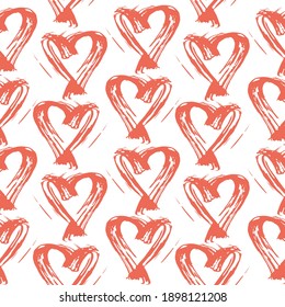 Seamless pattern red white heart brush strokes lines design, abstract simple scandinavian style background grunge texture. trend of the season. Can be used for Gift wrap fabrics, wallpapers. Vector