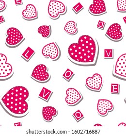 Seamless pattern of red and white hearts and letters of the word love scattered randomly