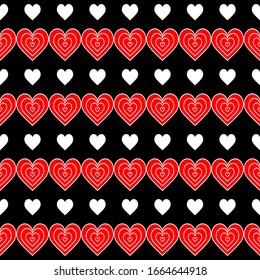 Patrón transparente de corazones rojos y blancos sobre un fondo negro. Ilustración abstracta a rayas. Diseño creativo para tarjetas de felicitación, para embalajes, fondos de pantalla, para el diseño del casino, para jugar a las cartas.