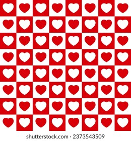 Patrón sin foco con corazones rojos y blancos. Diseño de yeso a cuadros. Gráficos vectoriales
