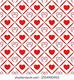 Seamless pattern of red and white hearts in a geometric diamond arrangement, perfect for Valentine's Day, romantic decorations, or love-themed designs