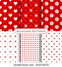 Seamless pattern red and white. Pattern of hearts, flowers and stars. Set of seamless simple patterns. Vector texture or background. EPS 10.