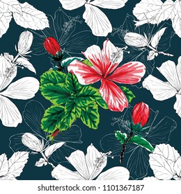Seamless pattern red and white Hibiscus flowers on dark green background.Vector illustration watercolor style.For used wallpaper design,textile fabric or wrapping paper