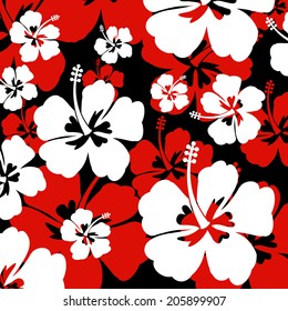 Seamless pattern with red and white Hibiscus flowers on black background, vector illustration