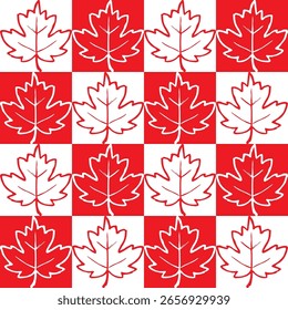 Seamless pattern with red and white maple leaf outlines on a corresponding red and white checkerboard background. A bold, graphic, and patriotic design celebrating Canada and its symbols