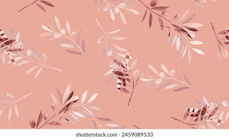 Seamless pattern, red and white olive leaf branch on red background