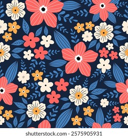 Seamless pattern with red, white and orange flower blossom garden on dark blue background. Cute hand drawn floral pattern for your fabric, summer background, wallpaper, textile.