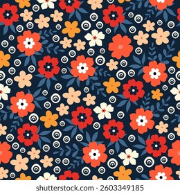 Seamless pattern with red, white and orange flower blossom garden on dark blue background. Cute hand drawn floral pattern for your fabric, summer background, wallpaper, textile.