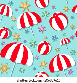 Seamless pattern with red and white parasols, beach balls and starfish