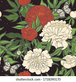 Seamless pattern with red and white peonies and butterflies. Vector graphics.