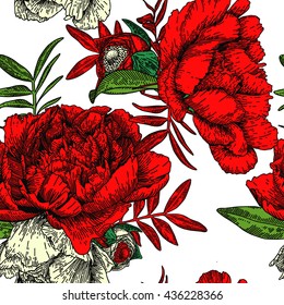 Seamless pattern with red and white peonies. Vector illustration of flowers. Graphic image.