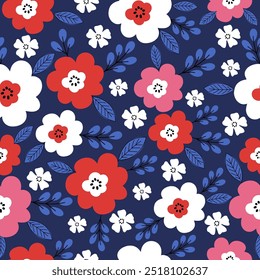 Seamless pattern with red, white and pink flower blossom garden on dark blue background. Cute hand drawn floral pattern for your fabric, summer background, wallpaper, textile.