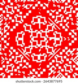A seamless pattern with a red and white pixel grid design, inspired by minimal tribal and traditional weaving motifs