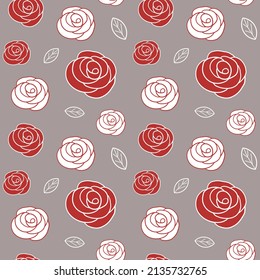 seamless pattern of red and white rose flower on gray background with simple and elegant look for paper wrapping and fabric
