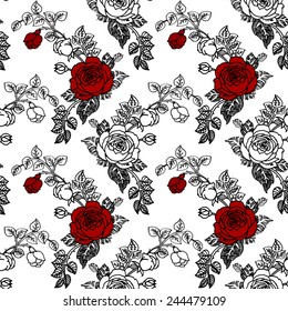 Seamless pattern with red and white roses on white background vector illustration