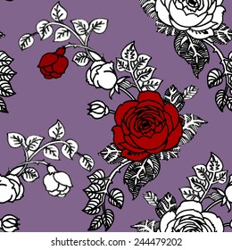 Seamless pattern with red and white roses on purple background vector illustration