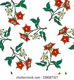 Seamless pattern with red and white roses on the white background sitting on the same branch which represents the emblem of the Tudor dynasty. EPS10 vector illustration.
