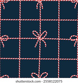 Seamless pattern with red and white striped Christmas ribbon. Perfect for seasonal gift paper, textile, celebration design. Vector illustration