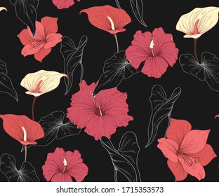 Seamless pattern with red and white tropical flowers