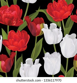 Seamless pattern of red and white tulip flowers background. Vector set of blooming floral for holiday invitations, greeting card and fashion design.