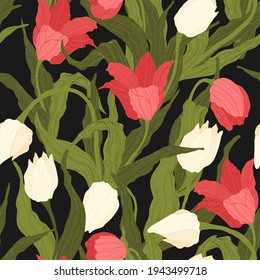 Seamless pattern of red and white tulip flowers on black background. Vector illustration. Best for wrapping, textile or print design. Symbol of springtime. 
