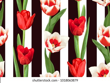 Seamless pattern with red and white tulips. Beautiful realistic flowers, buds and leaves.