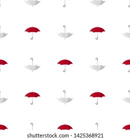 Seamless pattern with red and white umbrella icon on white background. Vector illustration for design, web, wrapping paper, fabric, wallpaper.