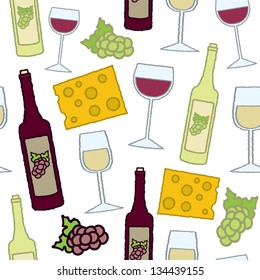 A seamless pattern of red and white wine with grapes and cheese.