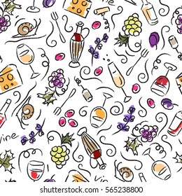 Seamless pattern with red and white wine. Pattern with glasses of wine and grapes.