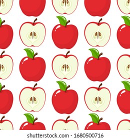 Patrón sin soldadura con manzanas rojas enteras y medias sobre fondo blanco. Fruta orgánica. Estilo de caricatura. Ilustración vectorial para el diseño, web, papel envolvente, tela, papel tapiz.
