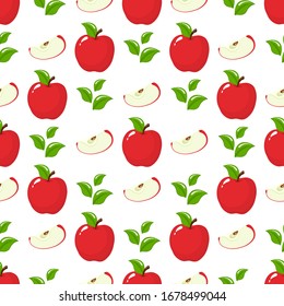Seamless pattern with red whole slice apples and leaves on white background. Organic fruit. Cartoon style. Vector illustration for design, web, wrapping paper, fabric, wallpaper.