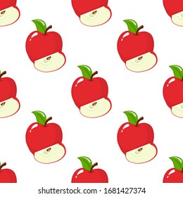 Seamless pattern with red whole and slice apples on white background. Organic fruit. Cartoon style. Vector illustration for design, web, wrapping paper, fabric, wallpaper.