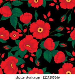 Seamless pattern Red wild rose flowers on black background.Vector illustration hand drawing doodle.For used wallpaper design,textile fabric or wrapping paper.