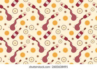 Seamless pattern, red wine, drops, orange, apple, anise. Vector flat illustration for menu design, packaging. Autumn atmospheric picture